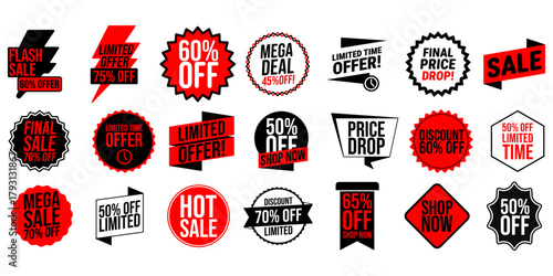 Collection of red, black, and white promotional sale badges and discount labels,  designed for marketing and retail advertising.