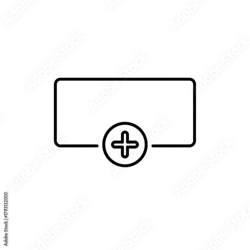 Outline of a rectangular shape with a circle containing a plus sign inside, representing add, new, or create