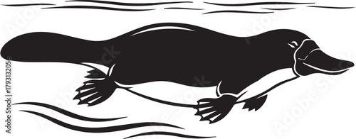 Unique monotreme platypus swimming gracefully underwater with textured water lines