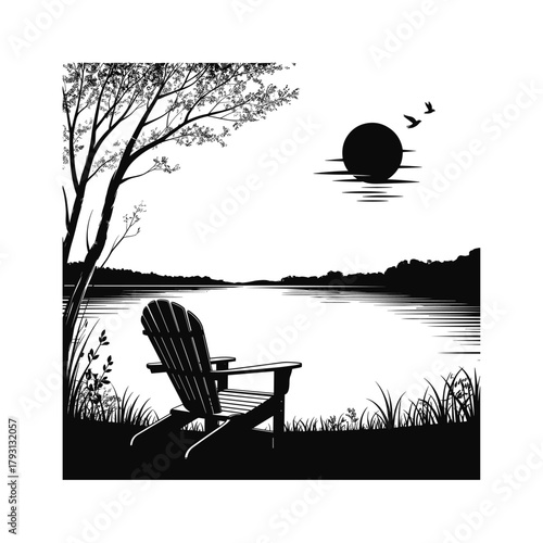 Peaceful lakeside scene with adirondack chair silhouette under a setting sun