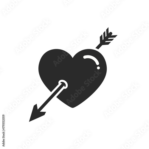 Black heart pierced by an arrow, symbolizing love, romance, and passion