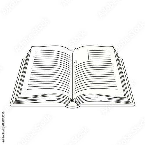 An open book with pages and a bookmark, depicted in a black and white line drawing style