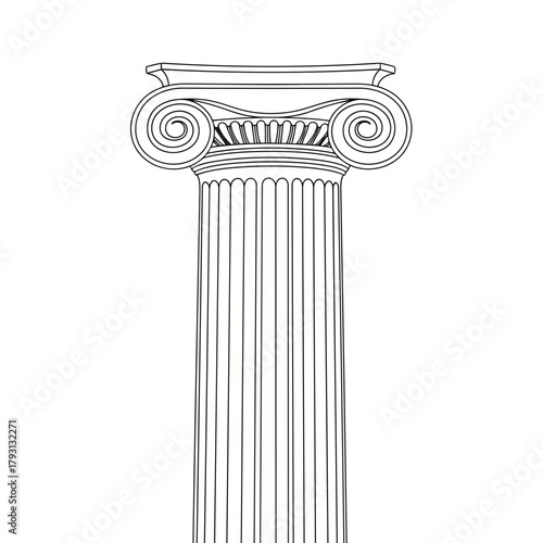 Detailed line drawing of a classical ionic column, showcasing its volutes and fluted shaft, isolated on a