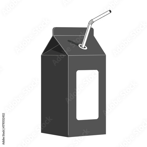 A dark gray carton of juice with a straw, isolated on a