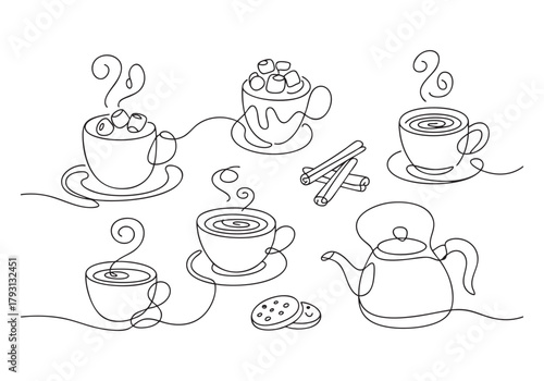 Cozy Hot Beverages Continuous Line Art Set | Monoline Drawing of Cocoa, Coffee, Tea Kettle, and Cookies