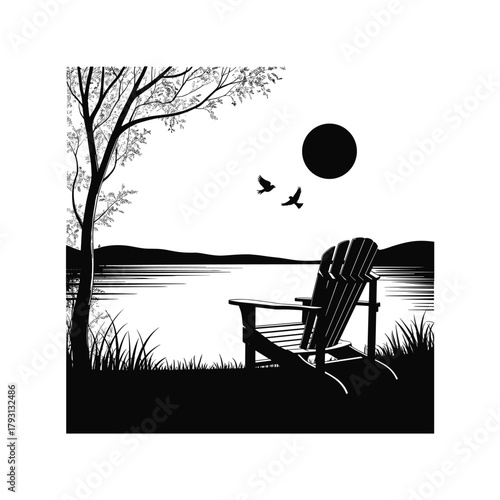 Serene lakeside silhouette scene with adirondack chair under a tree and two birds