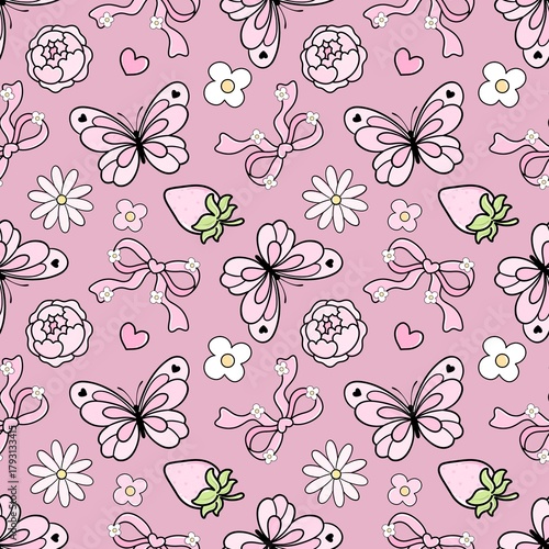 Pink Kawaii Butterfly, Peony, Bow, and Strawberry Sweet Garden Seamless Pattern