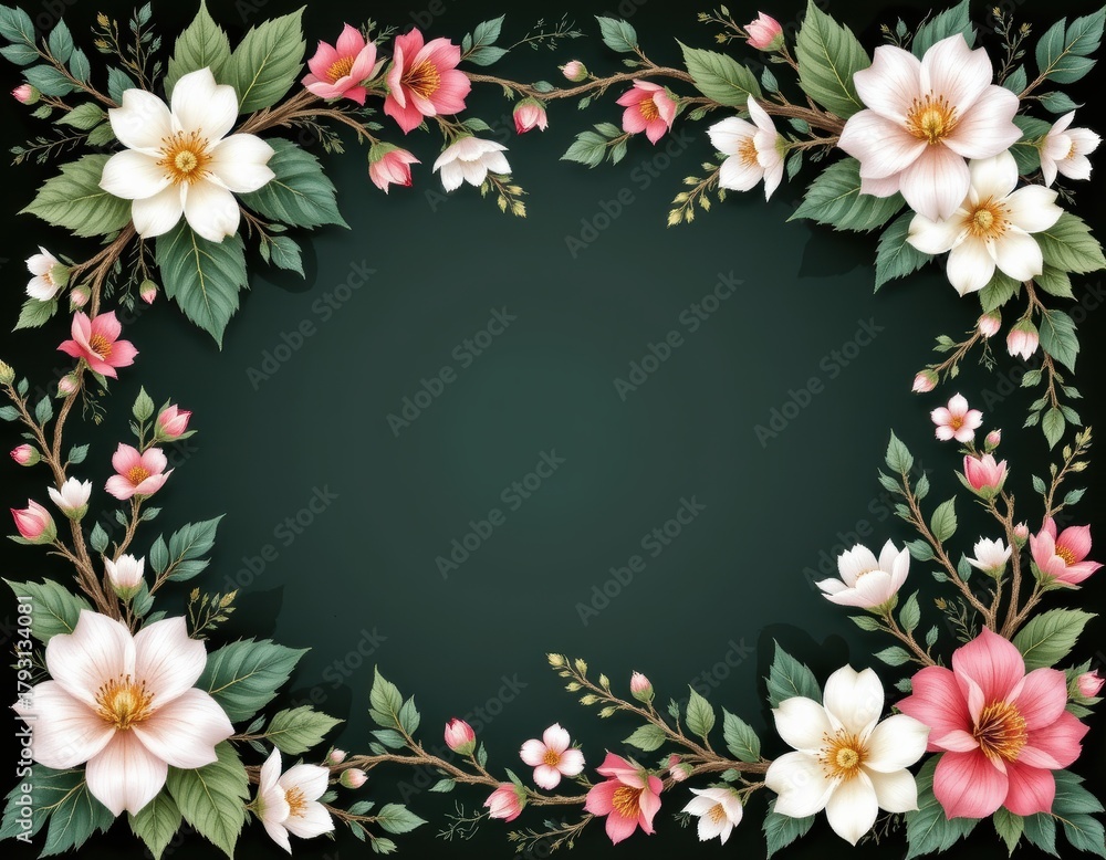 Fototapeta premium Floral Border Design Featuring Pink and White Flowers on Deep Green Background
