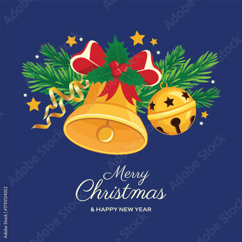 Golden christmas bell on green spruce branch greeting card vector illustration. Gold christmas shiny jingle bell with red ribbon and holly icon on a dark blue background. Template for banner, card