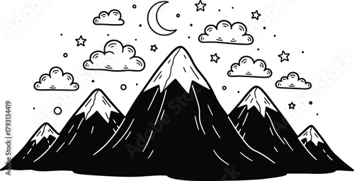 Mountain range with snow peaks moon and stars vector illustration design