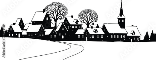 Monochrome winter village landscape with snow covered houses and trees