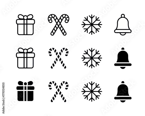 Gift candy snowflake bell christmas holiday season celebration festive winter decoration merry vector icon set