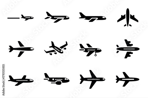 Airplane vector set aviation travel aircraft flight transportation silhouette design journey airline icons set