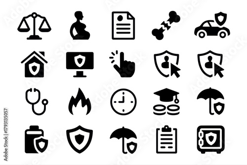 Insurance health protection safety security finance accident medical life care family home business icon set