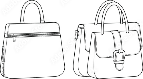 Technical CAD Drawing Flat Vector Illustration of Structured Fashion Handbags with Zipper and Buckle Closure