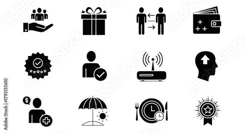 Icons set including team gift social networking wallet quality router growth and personal finance icons vector