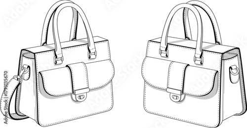 Technical CAD Drawing Flat Vector Illustration of a Structured Flap Satchel Handbag with Pockets for Fashion Accessory Design