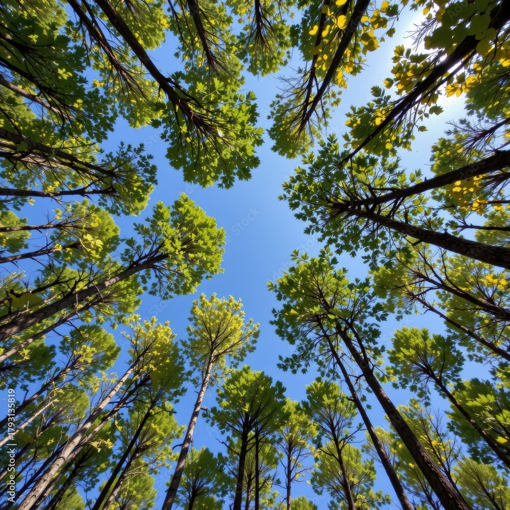 Obraz premium Looking Up at Lush Green Trees Reaching Towards a Bright Blue Sky in a Peaceful Forest