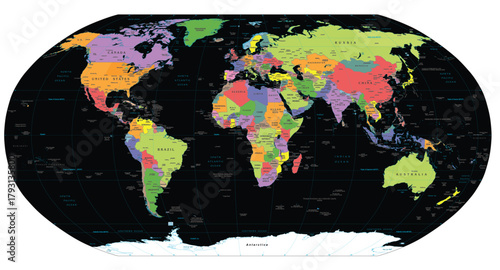 world map with all countries and states names on black background