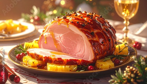A beautifully presented traditional Christmas dinner featuring roast turkey, vegetables, and festive decorations. Perfect for holiday food blogs, restaurant promotions, greeting cards.