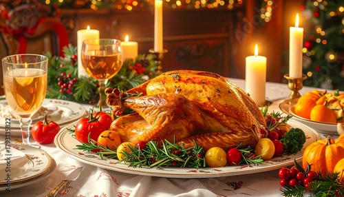 A beautifully presented traditional Christmas dinner featuring roast turkey, vegetables, and festive decorations. Perfect for holiday food blogs, restaurant promotions, greeting cards.