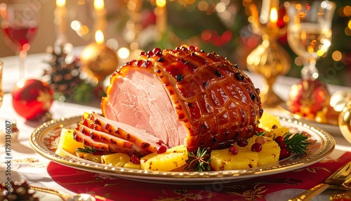A beautifully presented traditional Christmas dinner featuring roast turkey, vegetables, and festive decorations. Perfect for holiday food blogs, restaurant promotions, greeting cards.