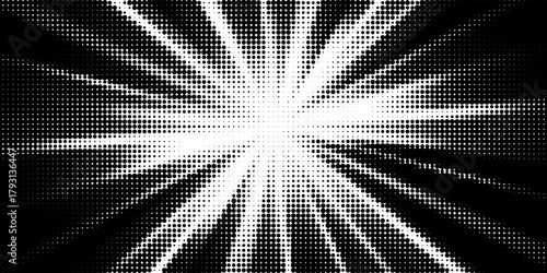 Edge frame. Halftone cartoon border. Pop art dot. Attention pattern. Faded attention texture. Black line isolated on white background. Concentration lines design. Grunge dots zoom. Vector illustration