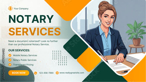 Notary Services Advertisement with Cartoon Woman.