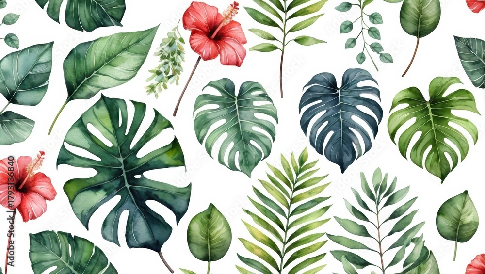 Fototapeta premium Vibrant Tropical Leaves and Hibiscus Flowers in a Colorful Botanical Arrangement