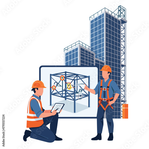Two engineers wearing safety gear collaborate over a digital tablet showing a 3D structural model at a skyscraper build site.