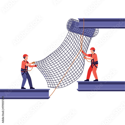 Construction workers wearing safety harnesses and helmets carefully install a large safety net between steel beams high above the ground.