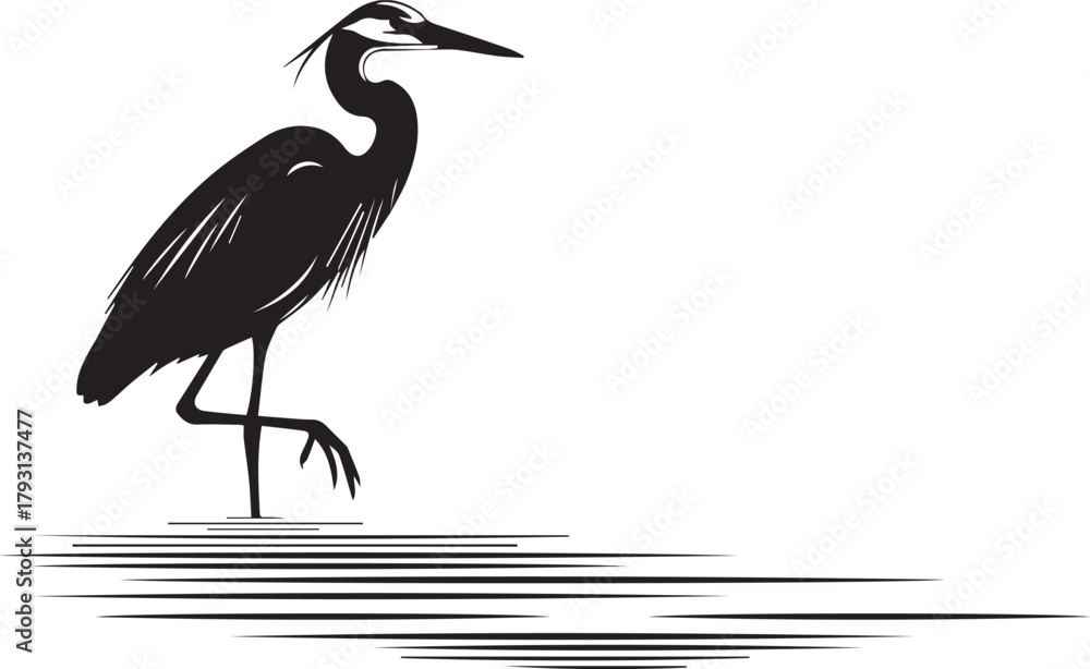 Fototapeta premium Elegant heron silhouette standing in water with artistic textured brush strokes