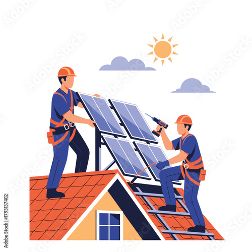 Two technicians in safety harnesses installing solar panels on the roof of a house, promoting renewable green energy.
