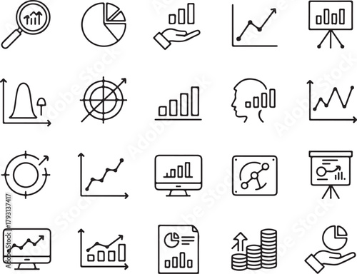 Collection of hand drawn doodle icons representing data analysis business growth financial charts statistics and research concepts for presentations and reports