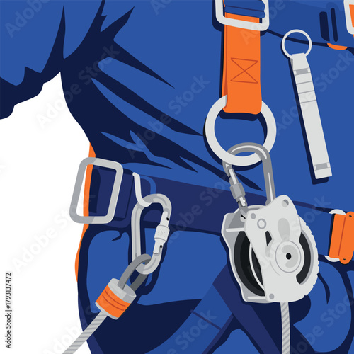 Detailed close-up of a professional fall arrest system, featuring a safety harness with carabiners and a retractable lifeline.