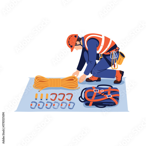 Skilled worker preparing for a job at height by organizing climbing and safety equipment, including rope and carabiners.