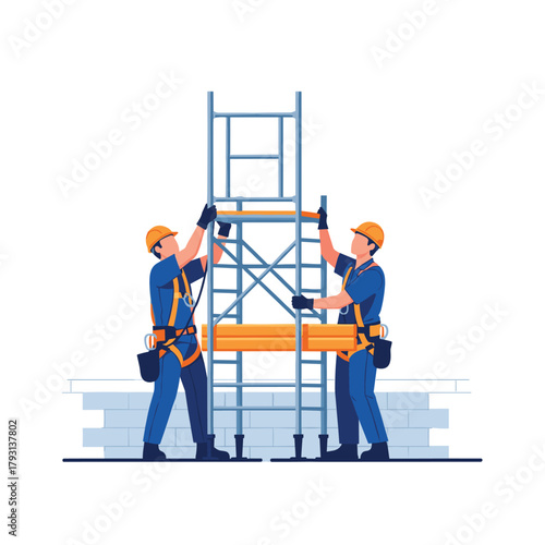 Two construction workers wearing safety harnesses and hard hats work together to assemble scaffolding at a building site.