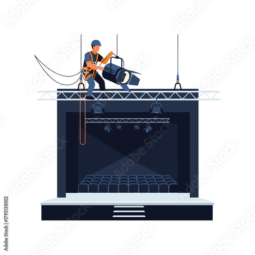 Lighting technician in a safety harness working high above a stage, adjusting a spotlight for a concert or theater show.