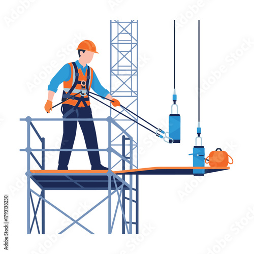 Construction worker in full safety gear, including a harness and hard hat, working on high scaffolding at a building site.