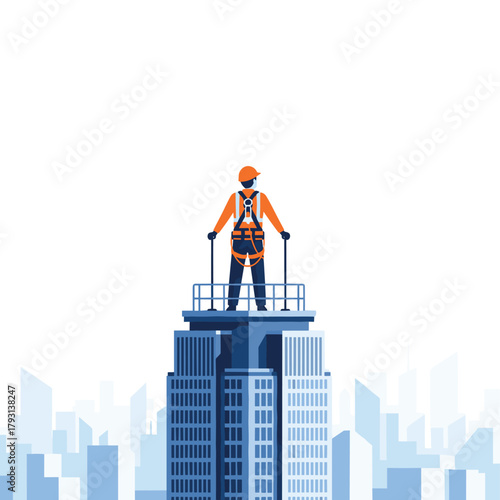 Construction worker in full safety gear standing victoriously on top of a skyscraper, overlooking a vast city skyline below.