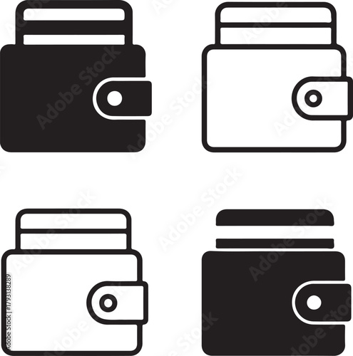 Isolated Digital Wallet black vector icon set, digital wallet icons, finance payment money card, solid black outline filled minimal thin stroke, online banking transaction symbols