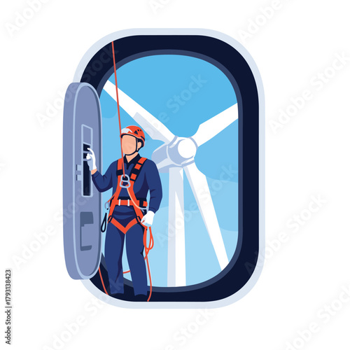 Technician in a safety harness and helmet performs maintenance inside a wind turbine, with the rotor visible outside.