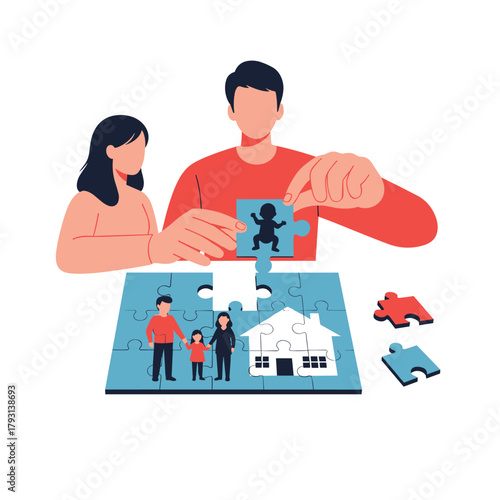 Young couple planning their future by completing a jigsaw puzzle that forms a family and a home, adding the final baby piece.