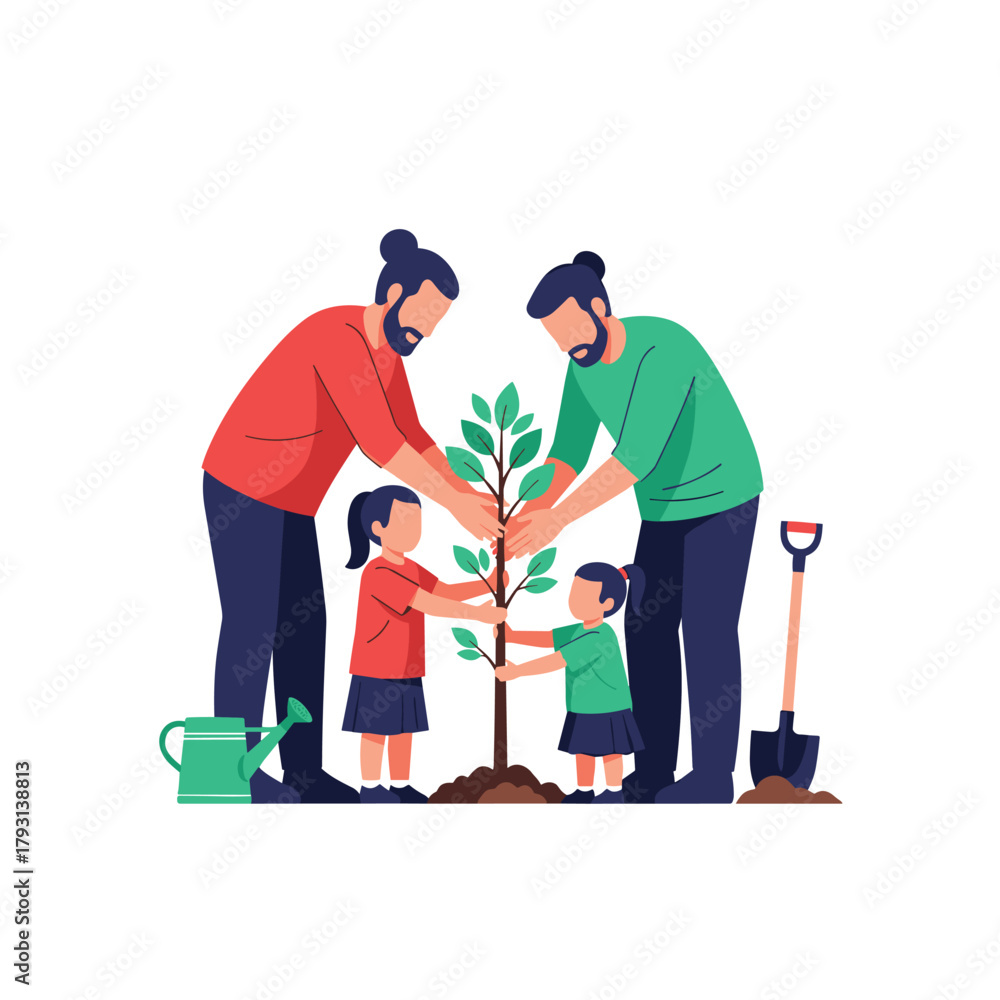 Fototapeta premium Two fathers and their daughters planting a tree sapling, teaching about environmental responsibility in a family activity.