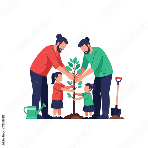Two fathers and their daughters planting a tree sapling, teaching about environmental responsibility in a family activity.