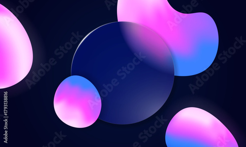 Abstract glassmorphism design in blue and purple hues. 3D blur glass morphism and glowing bubbles form futuristic gradient layout for web or app interface.