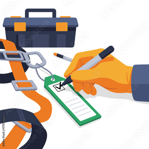Gloved hand of a safety inspector ticking a checkbox on a green inspection tag attached to a fall protection harness.