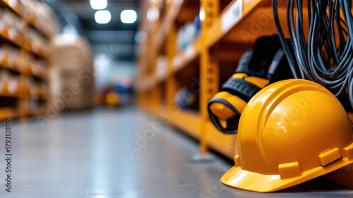 long aisle of industrial shelving with electrical cables and tools in warehouse section, organized storage interior