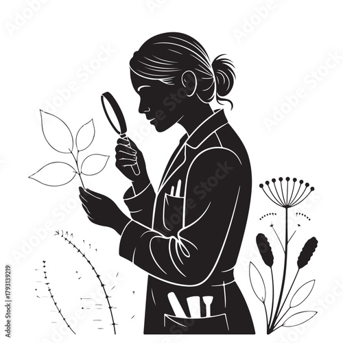 A botanist examines a plant specimen with a magnifying glass, showcasing scientific exploration