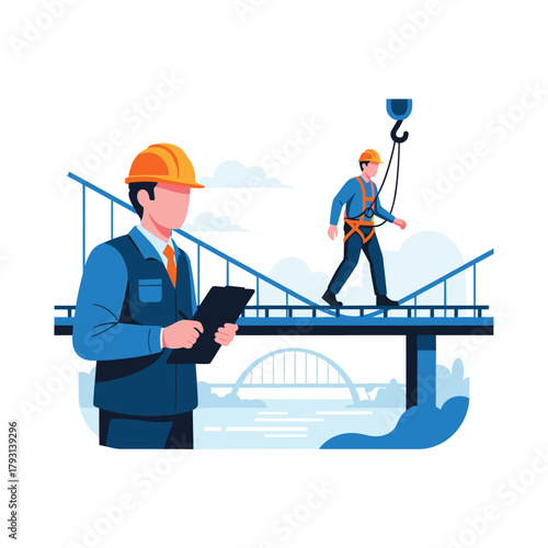 Construction site manager with a hard hat and clipboard supervising a worker in a safety harness on a bridge building project.